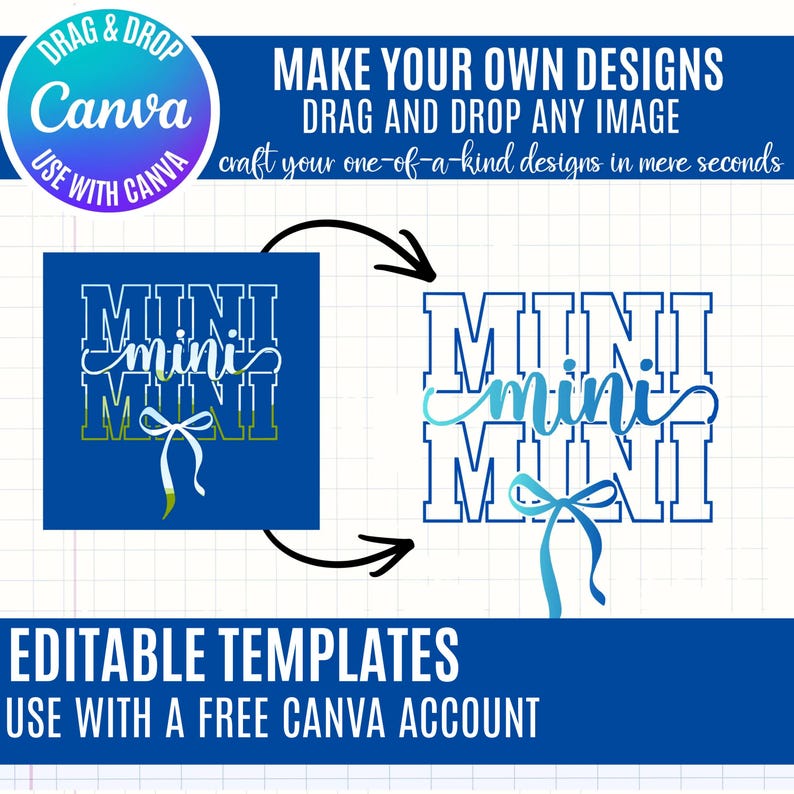 Pu&ograve; includere: Un modello di design grafico digitale che presenta il testo MINI in un carattere a blocchi e in corsivo con un'illustrazione a fiocco. Il design &egrave; mostrato in un quadrato blu solido e come versione con contorno blu. Il testo include MAKE YOUR OWN DESIGNS e EDITABLE TEMPLATES.