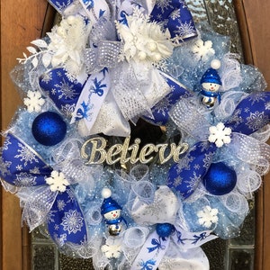 Believe Blue Silver Snowman snowflake Christmas wreath, holiday wreath, believe wreath, snowman decor, snowflake decor