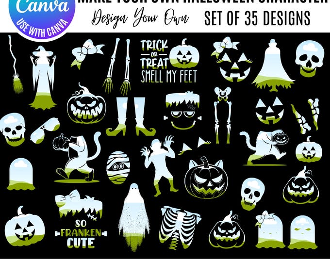 Halloween Canva Bundle, Canva Skeleton, Canva Halloween characters, Halloween Witch Designs, Canva Editable Templates, Canva Halloween frame