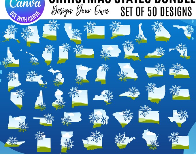 USA Christmas Canva Bundle, State Christmas Ornament Canva, Poinsettia State Design, Canva State Template, Canva State Holiday Design, Ch