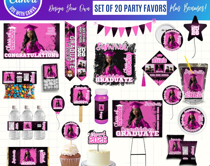 Graduation 2026 Canva Bundle Template, Editable Grad Party Decor Kit, Pre-Made Senior Designs, Canva graduation party favors bundle, digital