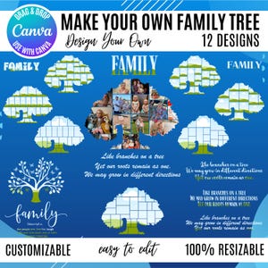 May include: A blue graphic with the words "MAKE YOUR OWN FAMILY TREE" and "12 DESIGNS." The image features tree designs and the word "FAMILY" in various styles. Text includes "CUSTOMIZABLE," "easy to edit," and "100% RESIZABLE."
