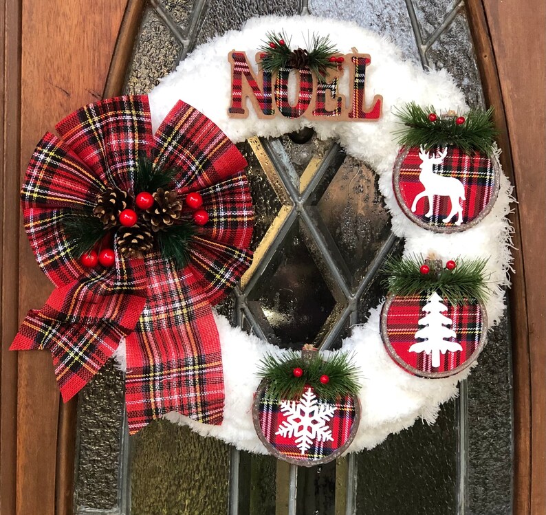 Merry Christmas wreath, buffalo check Christmas wreath, holiday wreath, white red Christmas wreath, holiday wreath, Noel wreath, Noel decor image 3