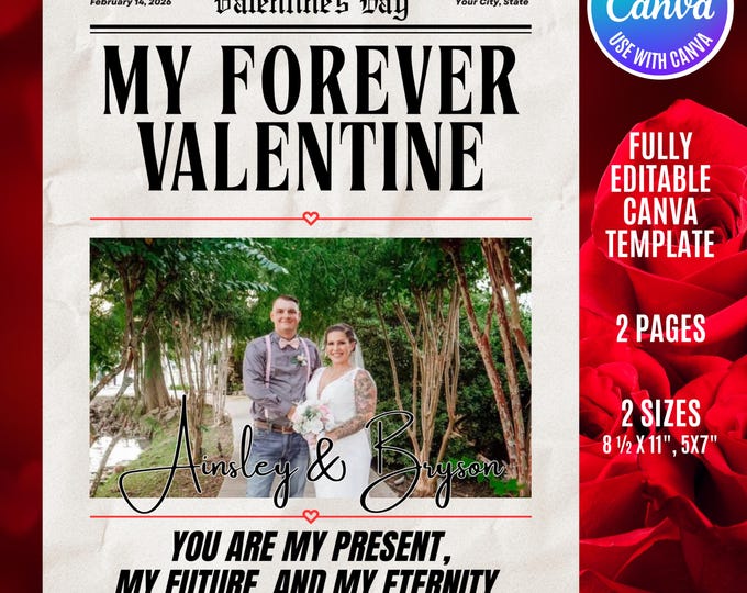 Personalized Valentine's Day Newspaper Template, Editable Canva Design (PDF Download)