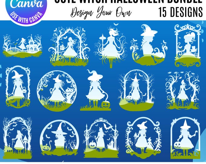 Cute Halloween Witch Bundle, Canva Templates for Halloween Spooky Invitations, Party Decor & More, Witchy DIY Designs, Canva Halloween witch