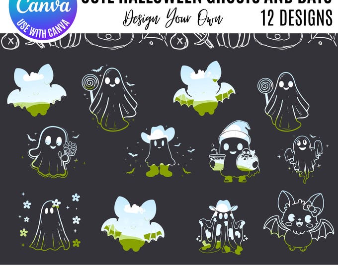 Canva Halloween bundle, Bats Halloween Canva, Halloween cute ghosts, Cute Ghosts & Bats, editable Templates for Halloween, Halloween clipart