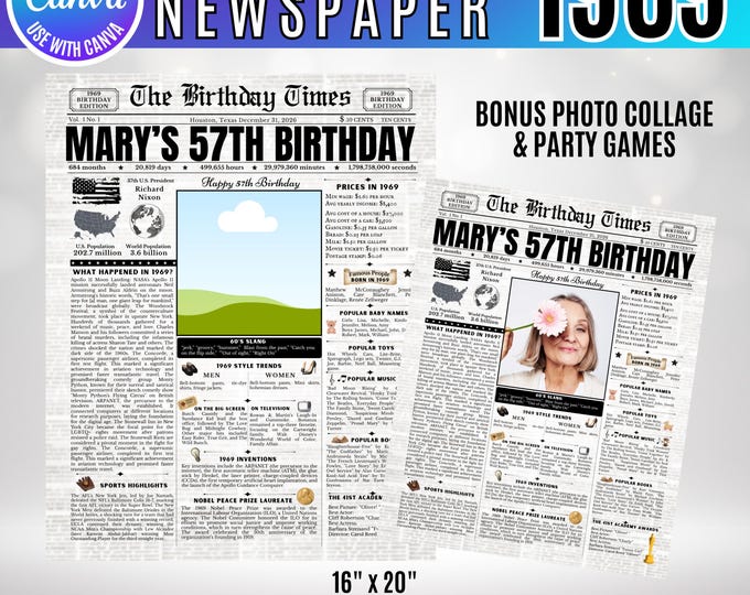 Editable Birthday Newspaper Template Canva, Custom Birth Year Facts Poster,  Canva Vintage Newspaper Birthday Sign, 1969 birthday gift decor