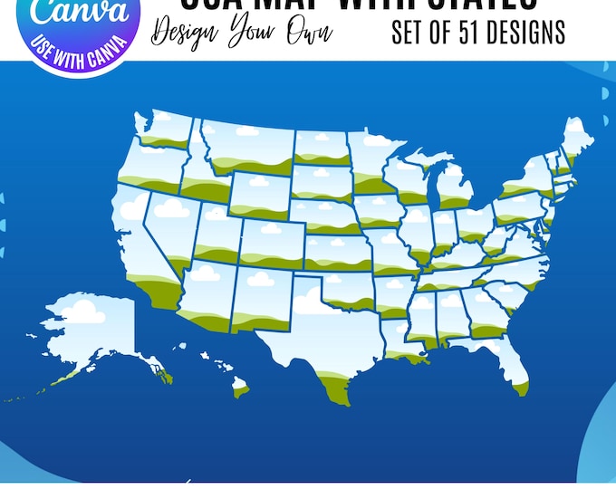 Canva USA States map Template, Canva United States Frames, 50 USA States Canva designs, United States Canva templates, USA states clipart