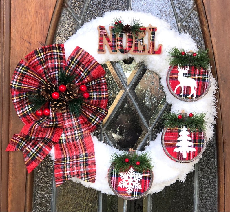 Merry Christmas wreath, buffalo check Christmas wreath, holiday wreath, white red Christmas wreath, holiday wreath, Noel wreath, Noel decor image 2