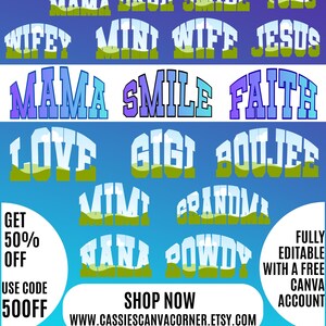 Puede incluir: Un paquete de dise&ntilde;os digitales con 16 dise&ntilde;os universitarios retro arqueados. Los dise&ntilde;os incluyen palabras como "Mama", "Smile" y "Faith", con una combinaci&oacute;n de colores azul y verde. Tambi&eacute;n se ve el texto "Design Your Own".