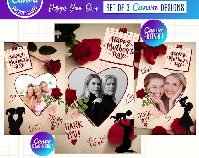 Mother’s Day Photo Card Canva Bundle, Heart-Shaped Photo Cards, Editable Mom Cards, Custom Mother’s Day Template (Digital Download)