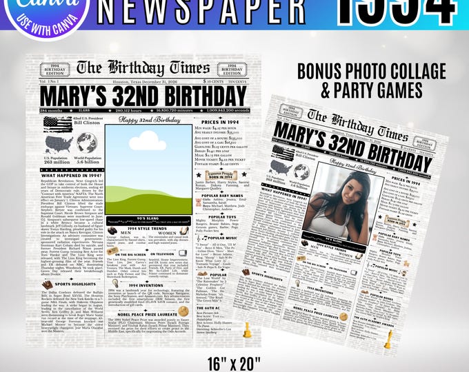 Editable Birthday Newspaper Template Canva, Custom Birth Year Facts Poster,  Canva Vintage Newspaper Birthday Sign, 1994 birthday gift decor