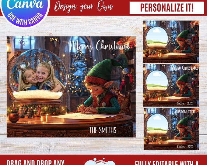Elf Snowglobe Christmas Photo Frame Canva Template (Digital Download)