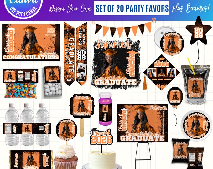 Graduation 2026 Canva Bundle Template, Editable Grad Party Decor Kit, Pre-Made Senior Designs, Canva graduation party favors bundle, digital