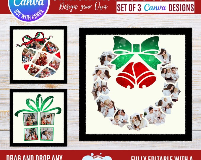 Christmas Photo Collage Templates for Canva • Wreath, Ornament & Gift (Digital Download)