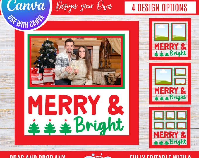 Canva Christmas Photo Frame Bundle, “Merry & Bright” Holiday Frames for 1, 2, 3 and 6 Photos, Festive Winter Canva Templates