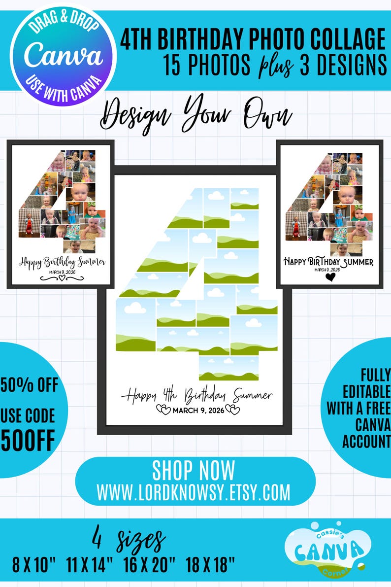 4th Birthday Photo Collage Template: Number 4, 15 Photos (canva ...