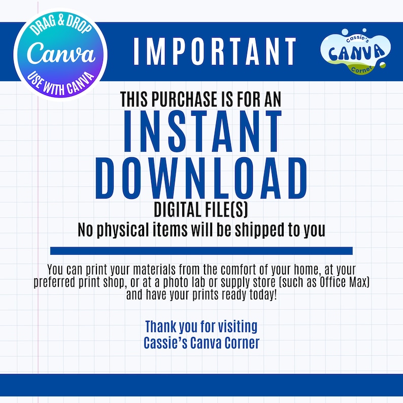 Puede incluir: Gr&aacute;fico de descarga digital con el texto "IMPORTANTE" y "DESCARGA INSTANT&Aacute;NEA". La imagen incluye el logotipo de Canva e indica que no se enviar&aacute;n art&iacute;culos f&iacute;sicos. Tambi&eacute;n menciona la impresi&oacute;n de materiales en casa o en una imprenta.