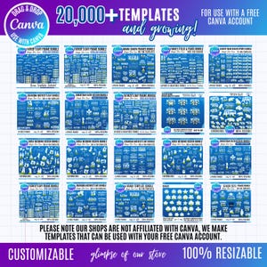 Pu&ograve; includere: Una collezione digitale di oltre 20.000 modelli Canva con vari pacchetti di design grafico per la festa del pap&agrave;, la festa della mamma, matrimoni e sport. Il layout a griglia bianco e blu mostra design basati su testo e icone.