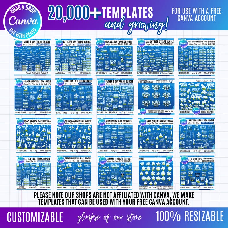 Pu&ograve; includere: Una collezione digitale di oltre 20.000 modelli Canva con vari pacchetti di design grafico per la festa del pap&agrave;, la festa della mamma, matrimoni e sport. Il layout a griglia bianco e blu mostra design basati su testo e icone.