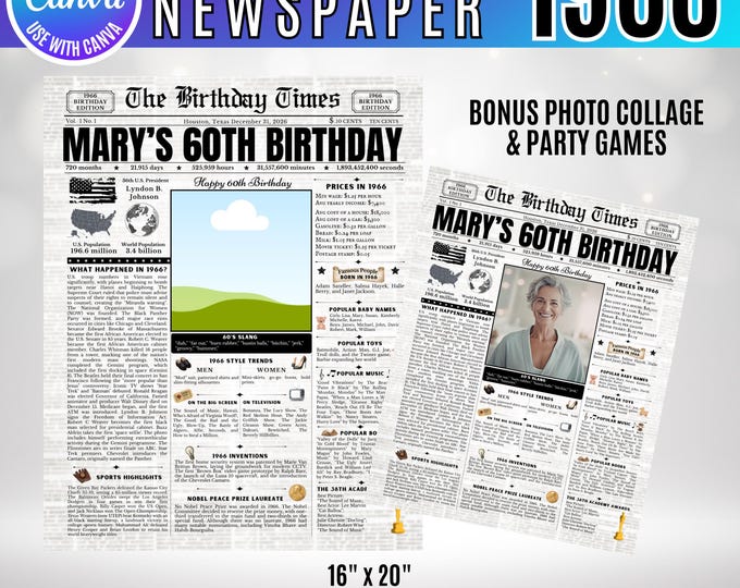 Editable Birthday Newspaper Template Canva, Custom Birth Year Facts Poster,  Canva Vintage Newspaper Birthday Sign, 1966 birthday gift decor