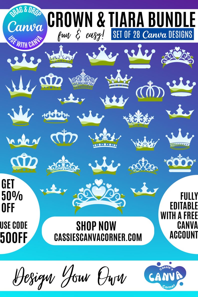 Crown Canva Bundle, Tiara Designs, Editable Canva Templates: Canva ...