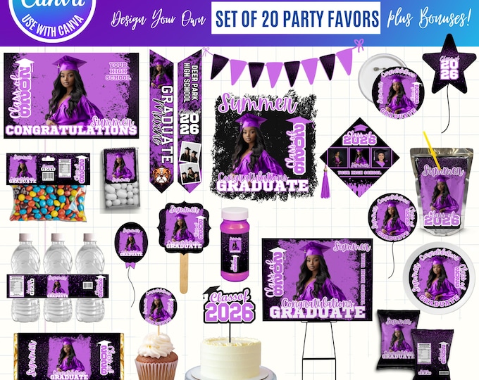 Graduation 2026 Canva Bundle Template, Editable Grad Party Decor Kit, Pre-Made Senior Designs, Canva graduation party favors bundle, digital