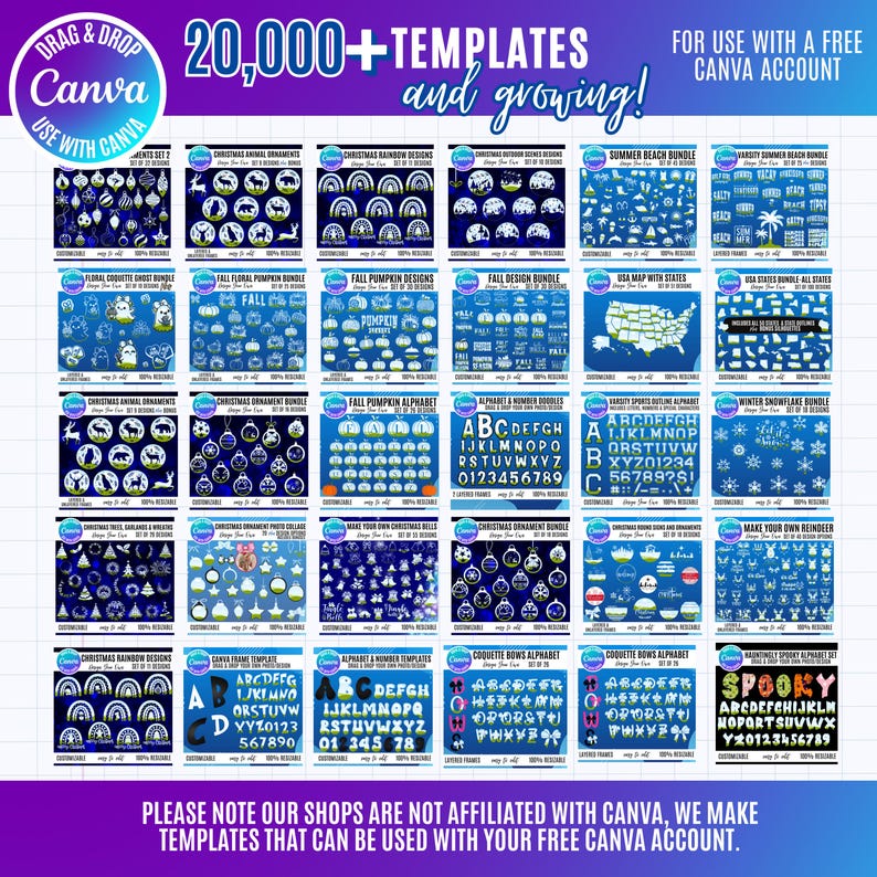 Pu&ograve; includere: Una collezione digitale di oltre 20.000 modelli da utilizzare con un account Canva gratuito, visualizzata in una griglia di vari pacchetti di design tra cui decorazioni natalizie, zucche autunnali, alfabeti e grafiche stagionali.