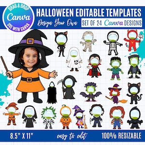 Könnte beinhalten: Ein digitales Vorlagenset für Halloween mit 24 Canva-Designs. Das Bild zeigt verschiedene Halloween-Charaktere, wie eine Hexe, einen Vampir und eine Mumie. Die Vorlage ist 21,59 cm x 27,94 cm groß und einfach zu bearbeiten.