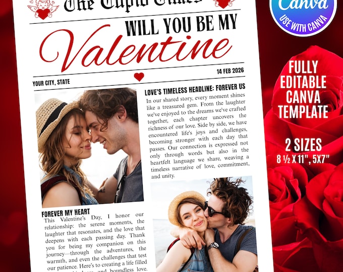 Valentine's Day Newspaper Template, Cupid Post Valentine’s Day Newspaper, Editable Canva Design, Printable Valentine’s Day Gift Idea