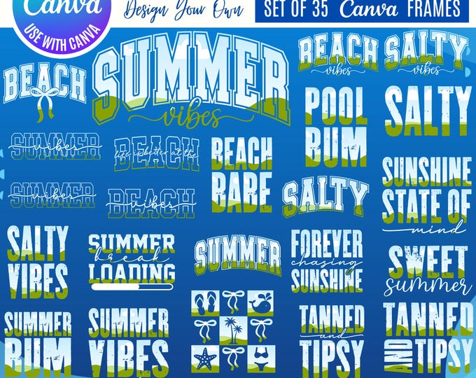 Summer Canva Bundle, Summer Vibes, Beach Vibes, Salty Designs, Editable Summer SVG PNG, Tropical Quotes, Vacation Shirts, Canva Summer frame