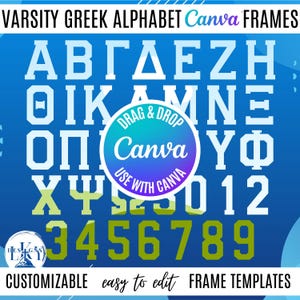 Greek Alphabet Canva Templates, Greek Varsity Alphabet Canva Frame, Drag & Drop Templates, Canva Alphabet Letters,  Editable Canva Frame