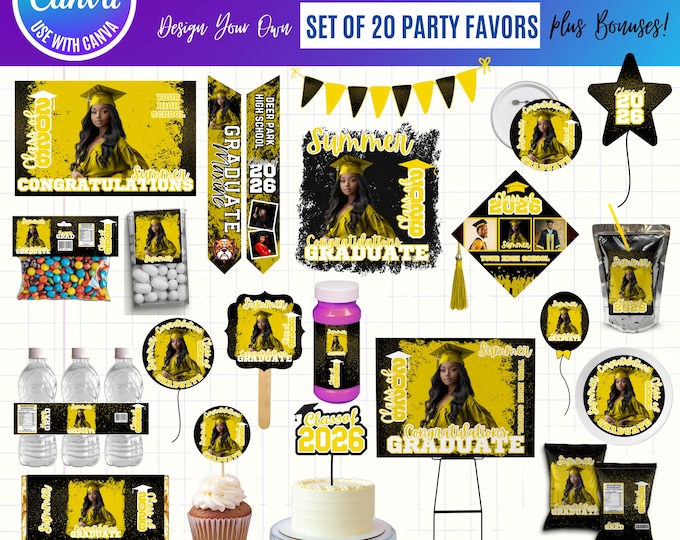 Graduation 2026 Canva Bundle Template, Editable Grad Party Decor Kit, Pre-Made Senior Designs, Canva graduation party favors bundle, digital