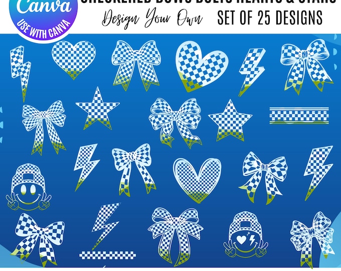Checkerboard Canva Frame Template, checkerboard bows, checkered hearts Canva templates, checker designs, Canva retro checkerboard frames