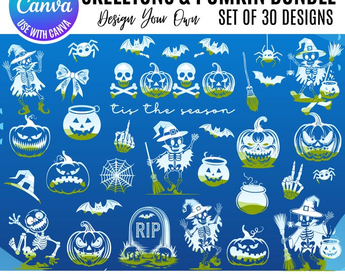Halloween Canva Bundle, Canva Halloween templates, Canva Editable Halloween Templates, Canva Halloween frames, Skeletons and Pumpkins clipar