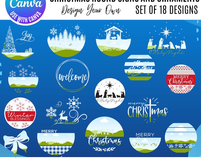 Christmas Round Signs and Ornament Bundle, editable Holiday Designs, Canva Christmas Bundle, Christmas Canva frames, Christmas Canva designs