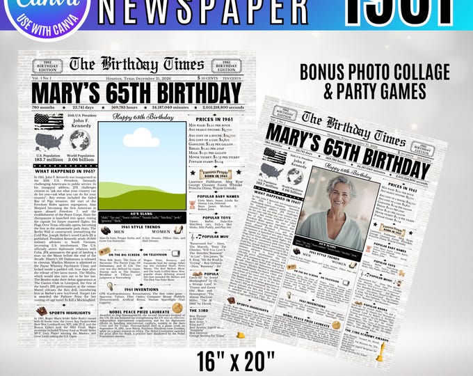 Editable Birthday Newspaper Template Canva, Custom Birth Year Facts Poster,  Canva Vintage Newspaper Birthday Sign, 1961 birthday gift decor