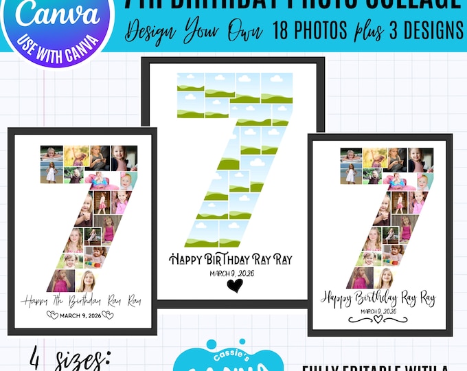 Canva 7th Birthday Photo Collage Template, 19 Photo Number 1 Collage, Editable Milestone Poster, 3 Text Designs, Canva Number 7 template