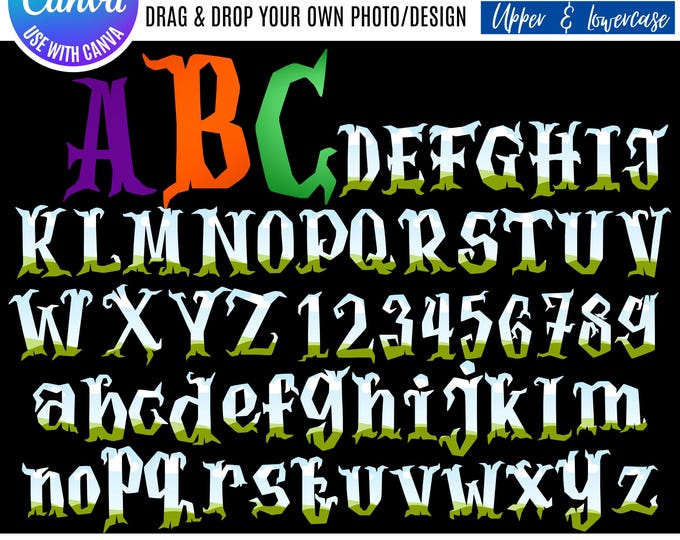 Halloween Alphabet Canva Bundle, Canva Spooky Alphabet, Canva Halloween numbers, Canva Halloween frames, Halloween Canva alphabet templates