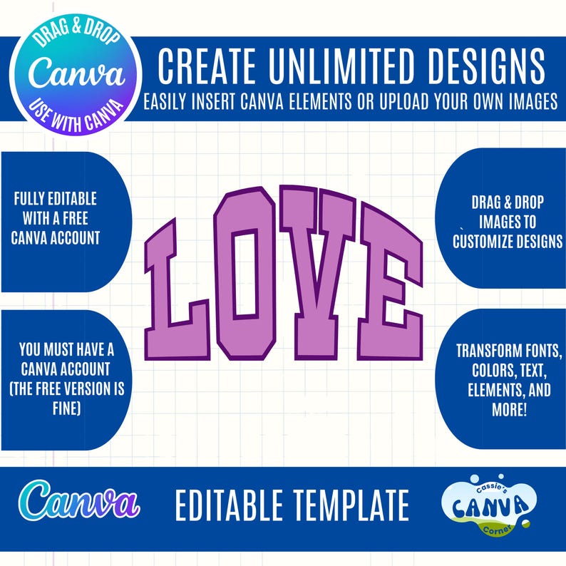 Puede incluir: Una plantilla de dise&ntilde;o digital con la palabra "LOVE" en una fuente p&uacute;rpura en negrita. La imagen promociona Canva, destacando caracter&iacute;sticas como la funcionalidad de arrastrar y soltar, elementos editables y dise&ntilde;os personalizables. El fondo es blanco con acentos azules.