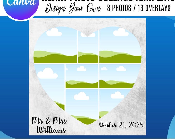 Canva Heart Photo Collage Template, Family Canva Frame,  Editable Photo Grid for Gifts, Canva photo Collage, Couples, Weddings, Anniversary