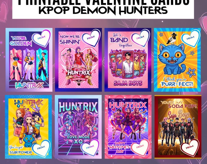Huntrix Valentines, K pop Valentine cards, K-pop Printable Valentine Bundle with Rumi, Mira, and Zoey, Instant Download Kpop Valentines
