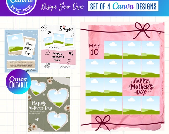 Mother’s Day Photo Card Canva Bundle, Heart-Shaped Photo Cards, Editable Mom Cards, Custom Mother’s Day Template (Digital Download)