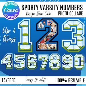 Puede incluir: Gráfico azul con el texto "SPORTY VARSITY NUMBERS" y "Design Your Own PHOTO COLLAGE". Los números del 1 al 0 se muestran en un estilo universitario, con el número 2 con un collage de fotos. El gráfico también incluye el texto "Use 4 Ways", "LAYERED", "easy to edit" y "100% RESIZABLE".