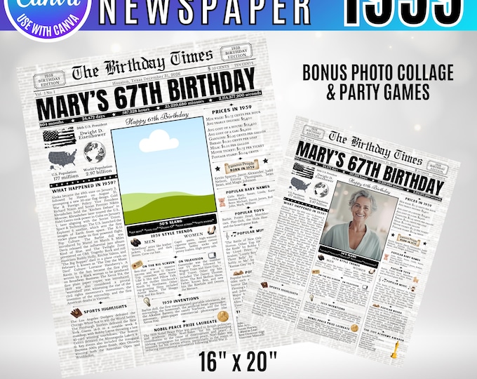 Editable Birthday Newspaper Template Canva, Custom Birth Year Facts Poster,  Vintage Newspaper Birthday Sign, Photo Insert Party Printable
