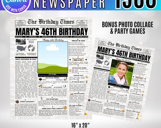 Editable Birthday Newspaper Template Canva, Custom Birth Year Facts Poster,  Canva Vintage Newspaper Birthday Sign, 1980 birthday gift decor