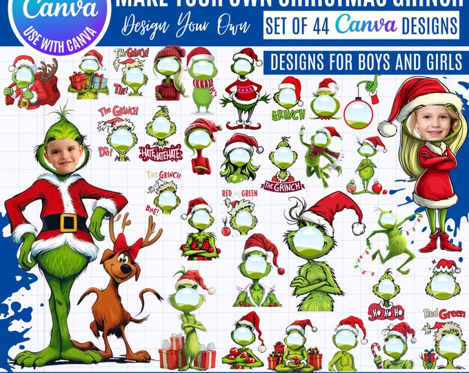 Christmas Grinch Photo Frames: 44 Canva Holiday Grinch Templates (Digital Download)