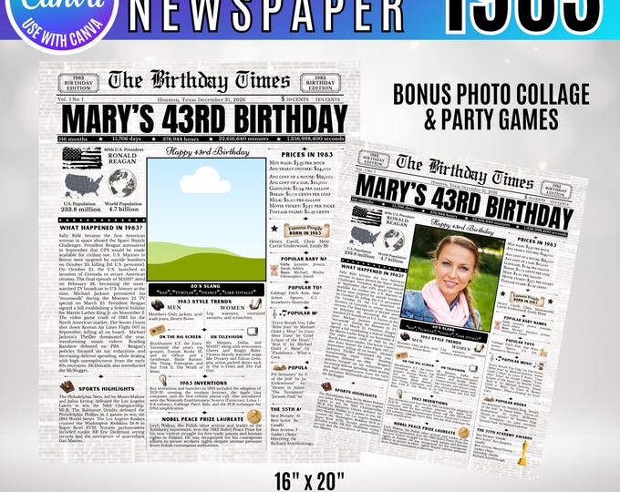 Editable Birthday Newspaper Template Canva, Custom Birth Year Facts Poster,  Canva Vintage Newspaper Birthday Sign, 1983 birthday gift decor