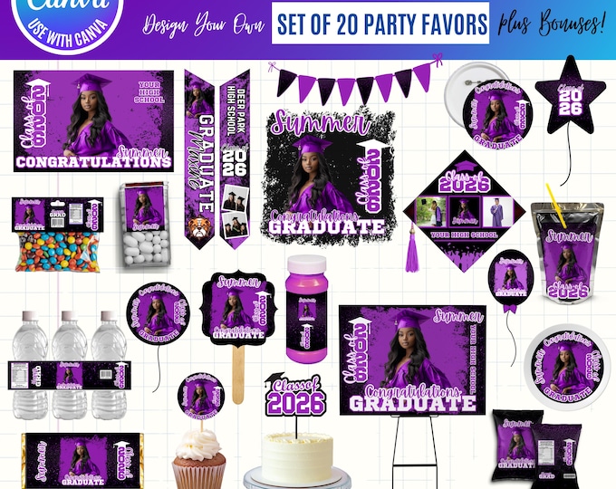 Graduation 2026 Canva Bundle Template, Editable Grad Party Decor Kit, Pre-Made Senior Designs, Canva graduation party favors bundle, digital
