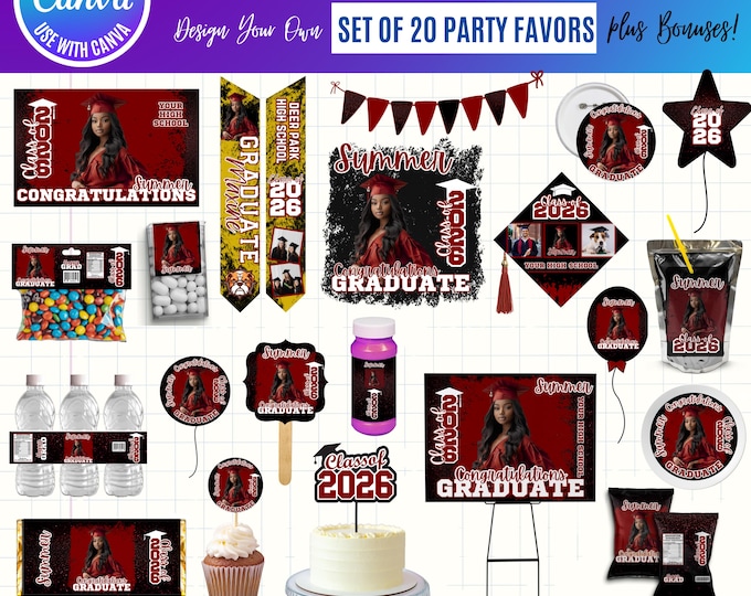 Graduation 2026 Canva Bundle Template, Editable Grad Party Decor Kit, Pre-Made Senior Designs, Canva graduation party favors bundle, digital